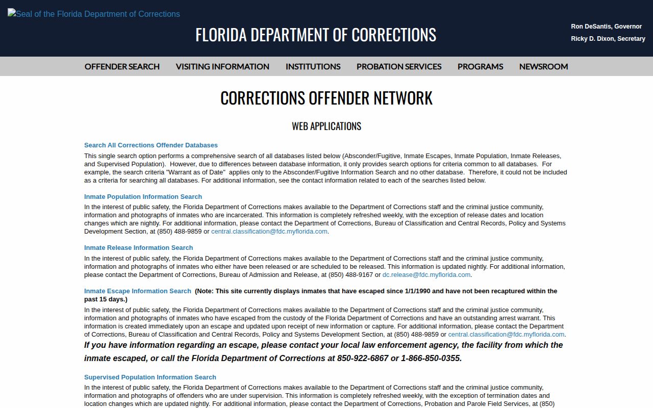 Florida corrections search menu for Lake County released inmate records