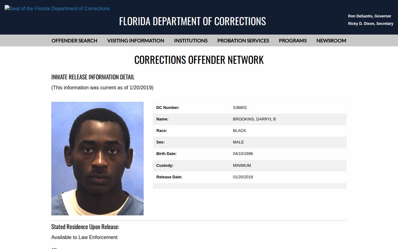 Lake County state-prison release record with FDC out-custody fields