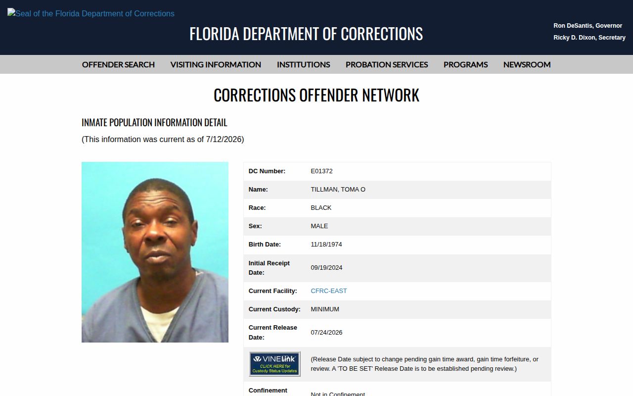 Lake County projected release date field in an FDC inmate record