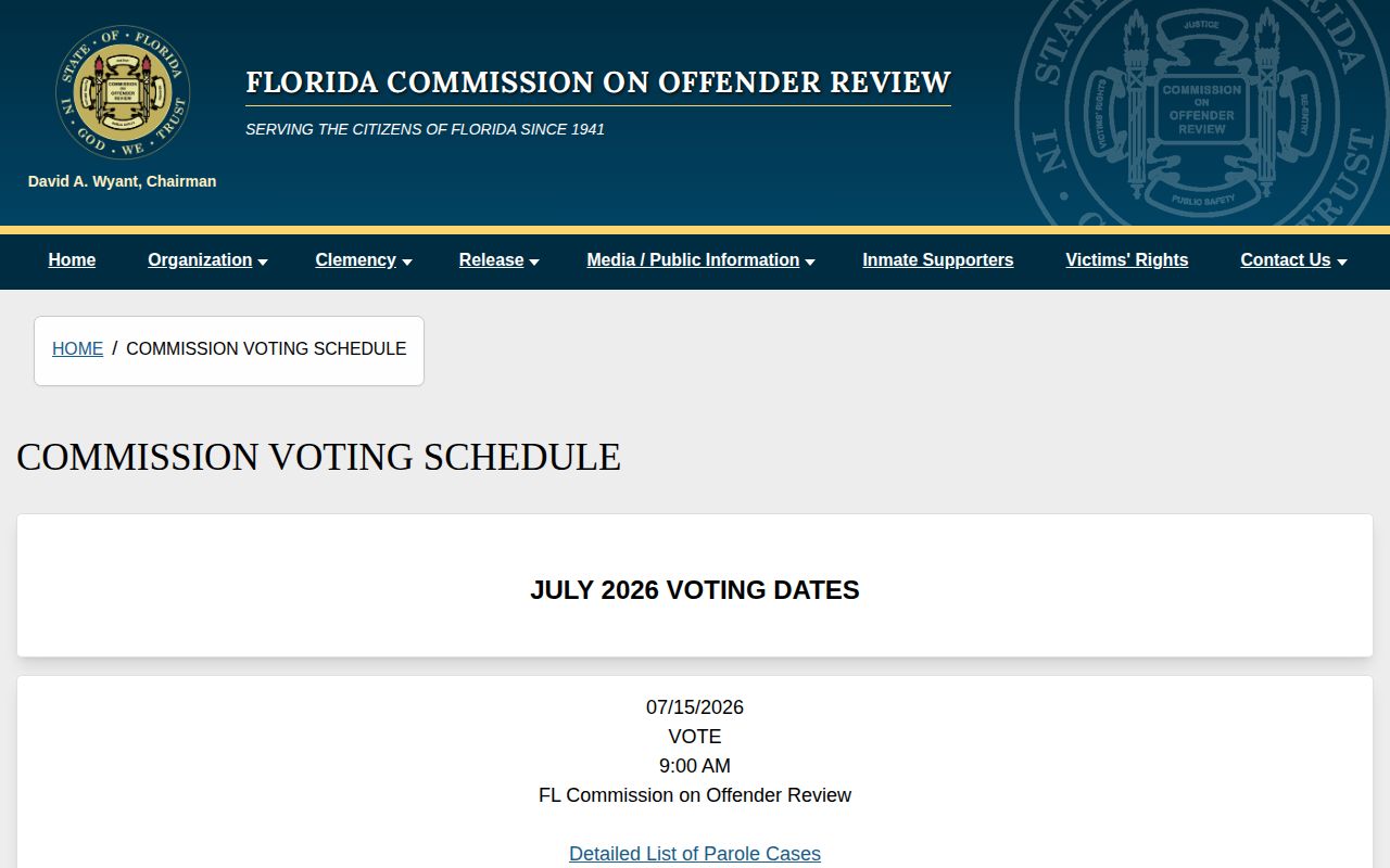 Lake County parole release hearing calendar from the Florida Commission